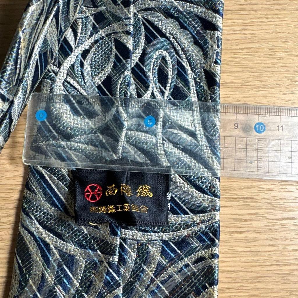 Used Nishijin-ori silk tie, blue and gold wave pattern