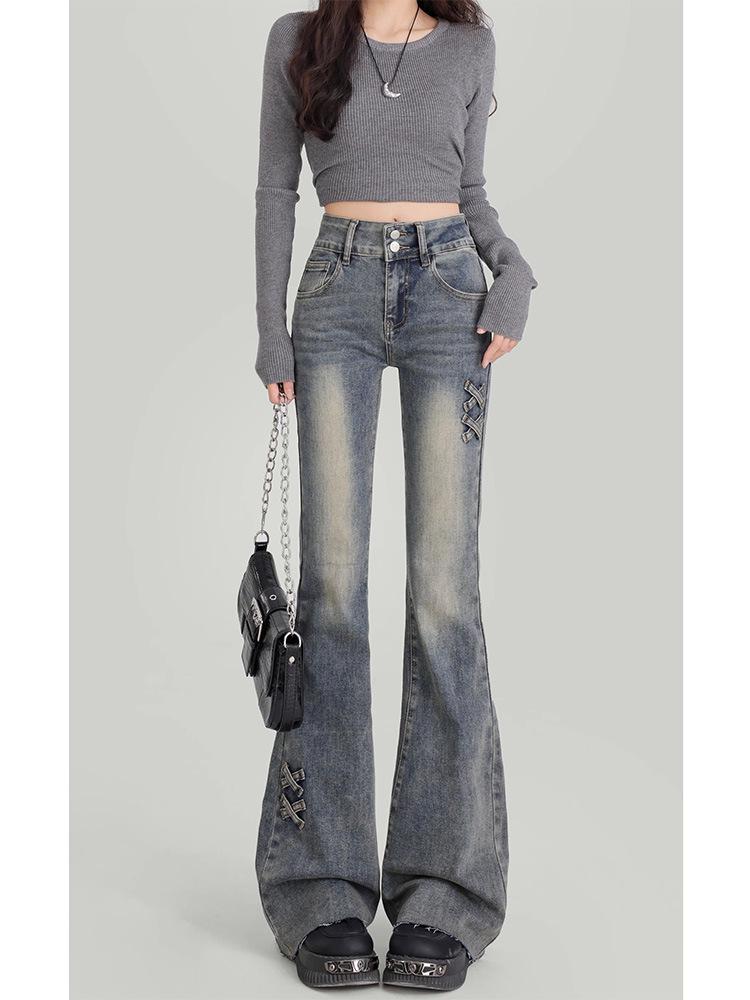 

Spicy Girl Blue Double-Button High-Waist Flare Jeans with Bow Knot - Women s Spring/Autumn 2025 Edition Medium