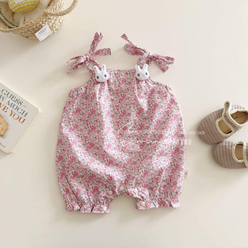 2025 Summer New Floral Print Sleeveless Romper for Baby Girls, Thin Summer Style Strap Bodysuit Rabbit Floral Print Romper 90