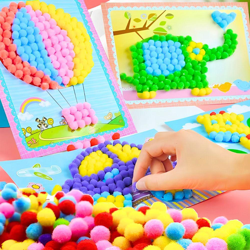 4 Sets Pompoms Painting Set Including Colorful Craft Fluffy Balls & Printed Paper DIY Decoration Birthday Gift Prize YMY