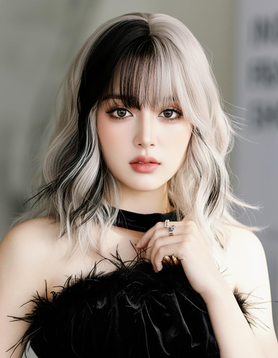 ekienn Silver Curly Gradient Short Bob Black Wavy Short Natural S-Shaped Full Wig, Natural-Looking, Slimming Face, Cute Wig, Perfect for Cosplay, Hall