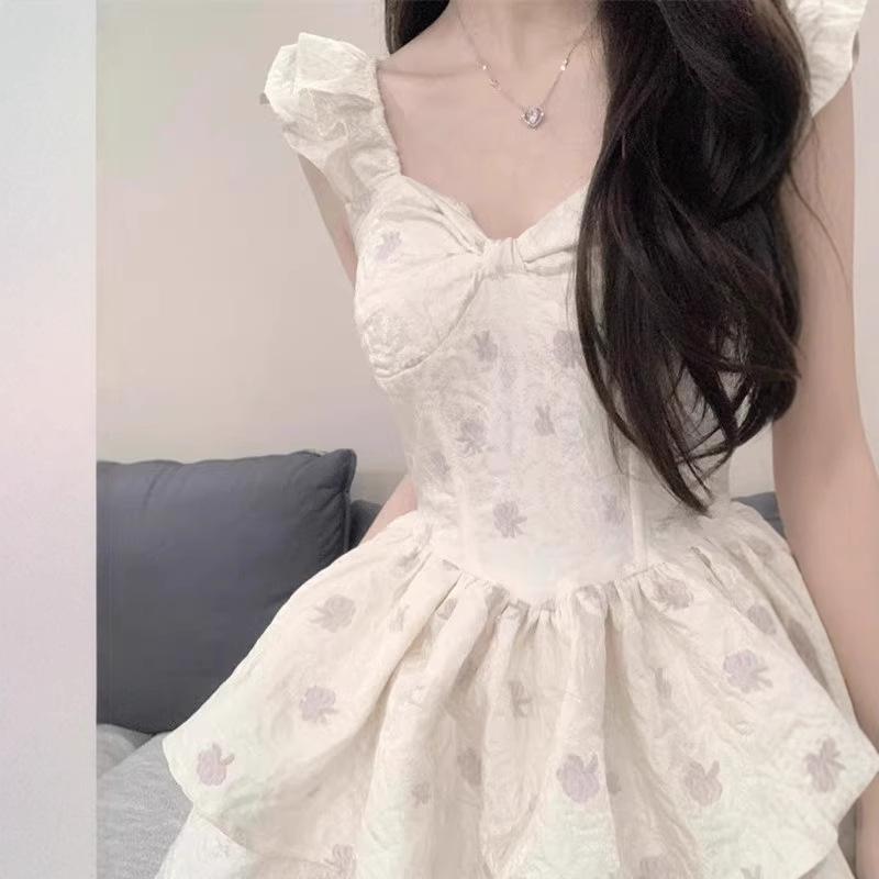 Spring and Summer French Beautiful Sweet Spice Girl Feifei Sleeve Suspender Dress Fairy Dress Waist Fluffy Dress Small Man