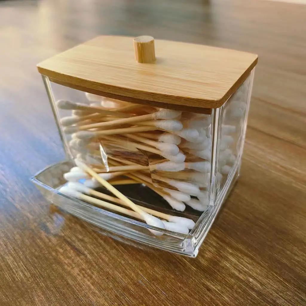 Cotton Swab Box - Transparent Bamboo Cover Dustproof Cotton Swab Toothpick Storage Box Multi-Purpose Visible Dispenser