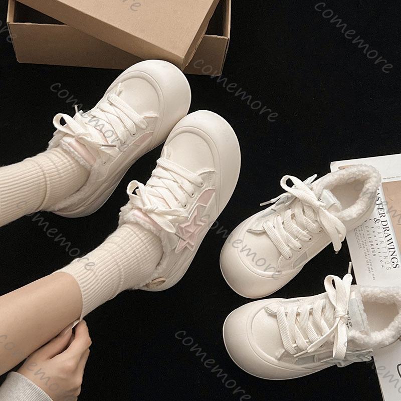 Fashion Comemore Thick Bottom Padded Cotton Shoes Women's Autumn Winter Casual Round Toe Lace Up Board Shoes Female White Plush Sneakers