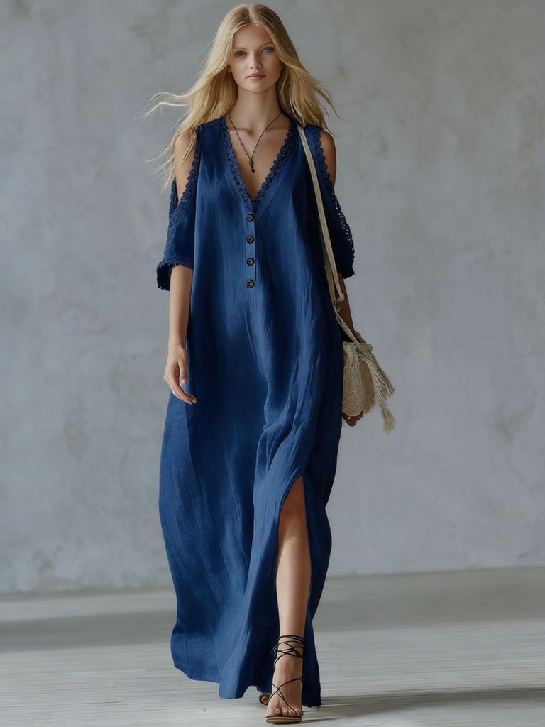 Nouvelle Robe Casual Femme à Bordure en Dentelle Épaules Dégagées Jupe Longue