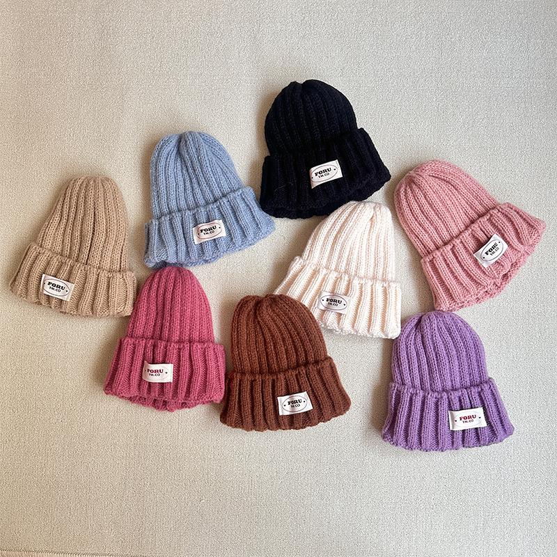 Knitted Woolen Hat Solid Color English Cloth Label Pullover Hat Autumn and Winter Warm Curled Casual Knitted Hat