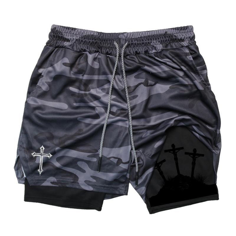 MDHAO xin nan zhuang  3D txu Kruisprint 2-in-1 Trainings- en Hardloopshorts voor Mannen Christelijk Atletisch Ademende Prestatieshorts met Telefoonvakje Handdoeklus XXXL
