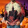 Men Henley Long Sleeve T‑Shirt Halloween 3D Print Pumpkin Ghost Bat Spider Web Graphic Holiday Party Casual Tee