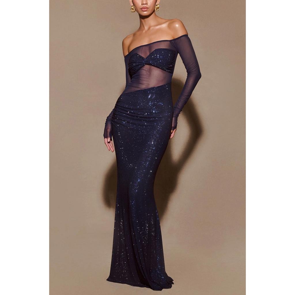 Women's Sexy Sheer One Shoulder Bodycon Long Evening Gown Dress for Party Dinner European American Style