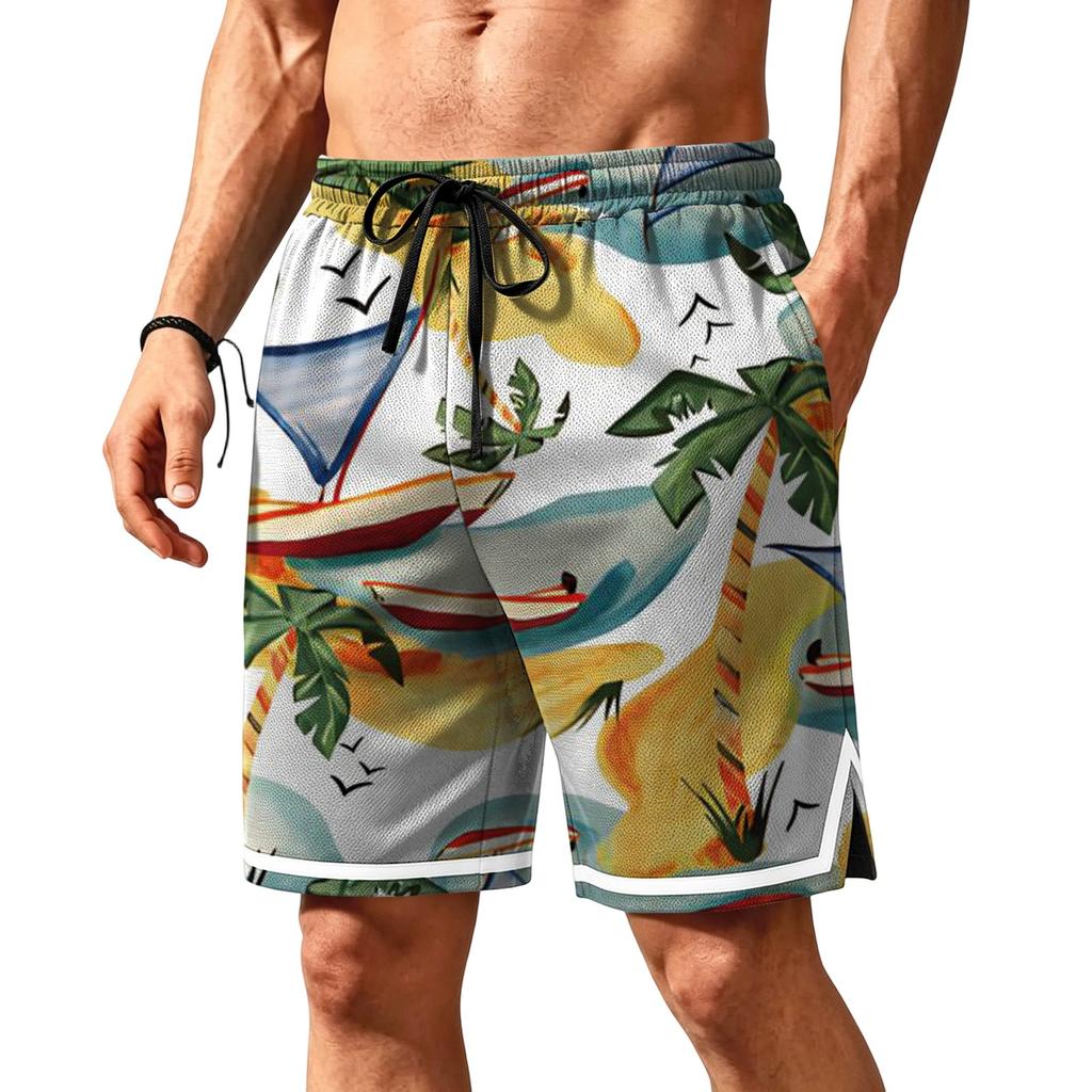 Men Mesh Breathable Casual Sports Shorts with Elastic Waistband and Drawstring Beach Style Printed Design for Summer Activities