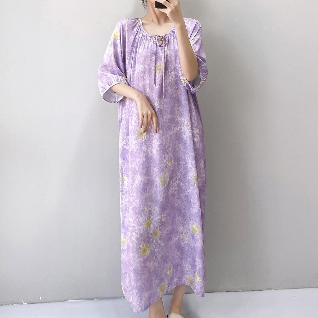 1011 new cotton and silk nightdress women's summer short-sleeved pajamas cartoon pony element long loose cotton silk skirt can be worn outside