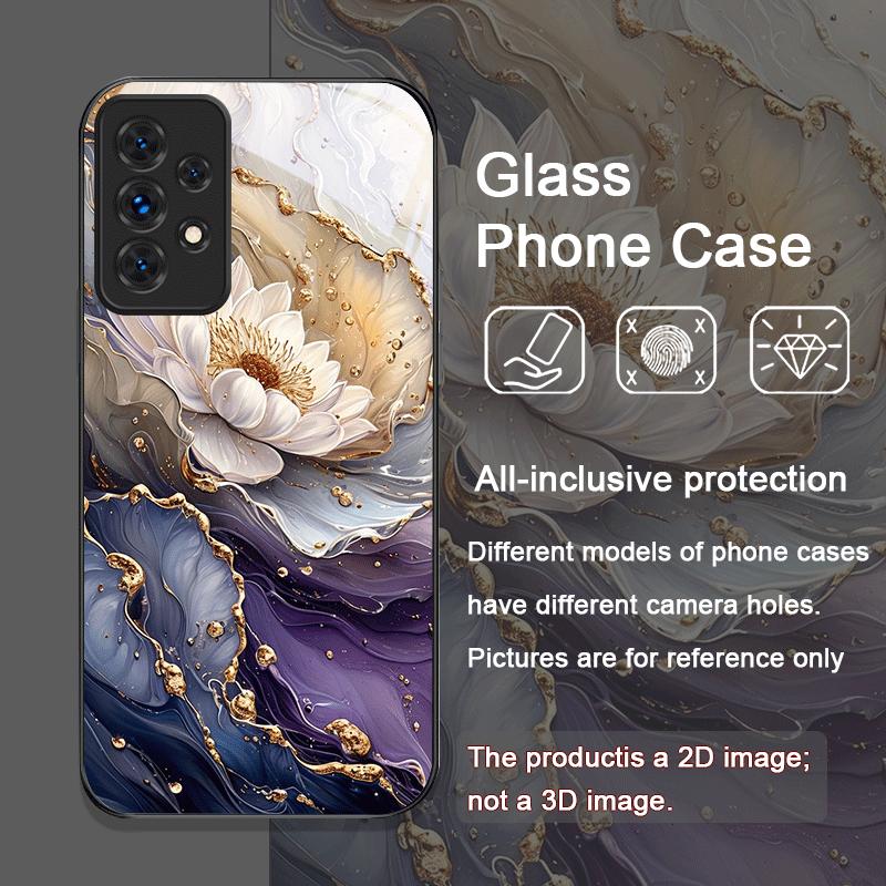Luxury Lotus Marble Floral Pattern Tempered Glass Phone Case for Samsung Galaxy A56 A72 A55 A54 A53 A52 A36 A15 A14 A13 5G Cover