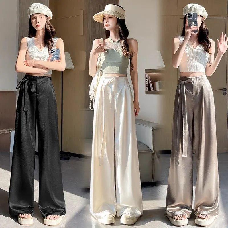 Women's Summer Acetate Satin Wide-Leg High-Waisted Pants with Tie-Up and Drape Design