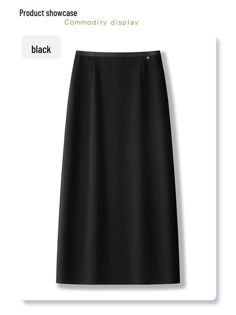 Women's High Waist Black Midi Skirt - 2025 Spring Slimming Design, Long Bodycon Skirt for Petite Frames