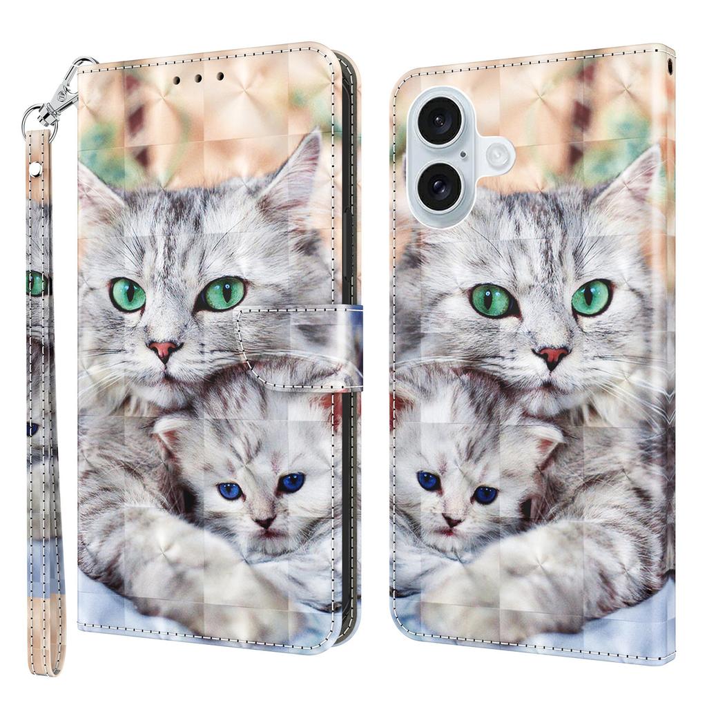 For iPhone 16 Case Stand Pattern Printing Leather Phone Cover
