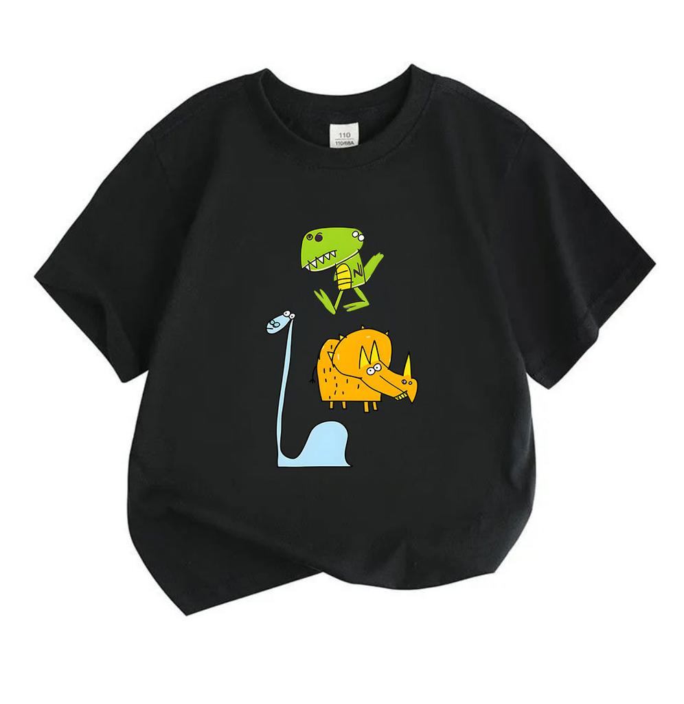 Kids Boys Girls 100% Cotton Crew Neck Short Sleeve T-Shirt, Funny Cartoon Dinosaur Print Casual Comfy Tee for Toddler Children Daily Outdoor Play Wear