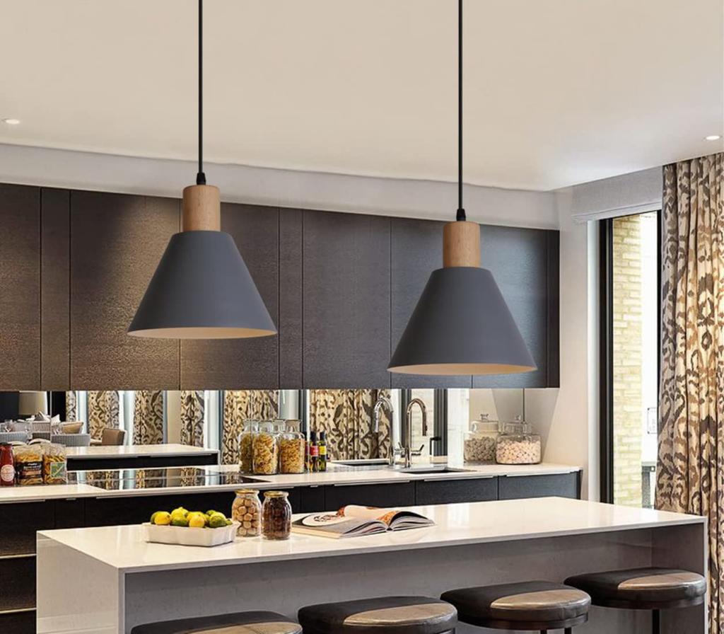 This stylish, simple, and cute pendant light features an E26 base, natural wood finish, adjustable length, and a Nordic, iron-framed design. It's