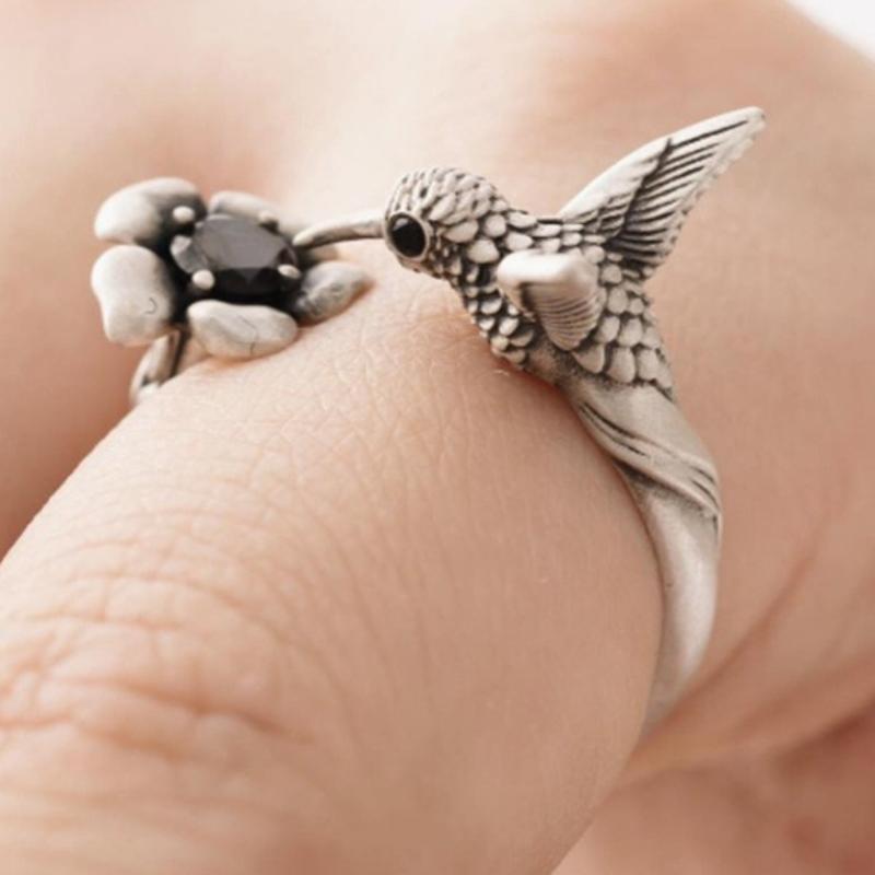 Vintage Silver Color Bird Flower Opening Ring, Women's Personalized and Creative Daily Wear, Holiday Accessories, Jewelry Gifts