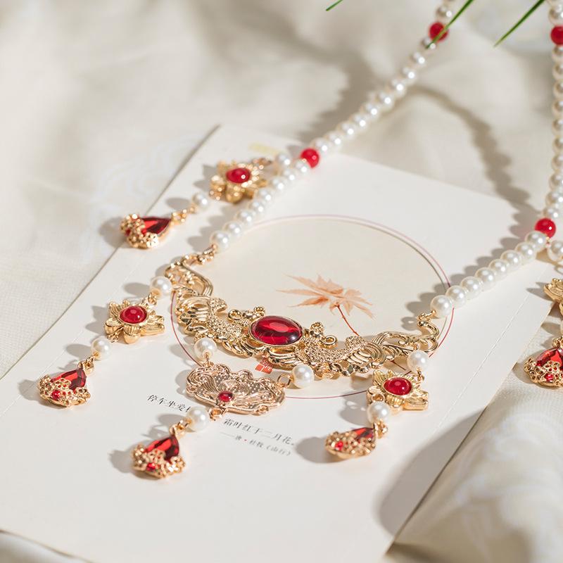 Hanfu Yingluo Necklace Ancient Style Soft Yingluo Tang Style Song Dynasty Accessories Red Water Drop Pendant Chinese Style
