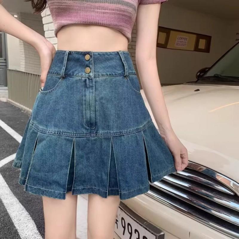 High Waist Pleated Denim Skirt Women A-Line Mini Tummy Control Slimming Fit Pear Shape