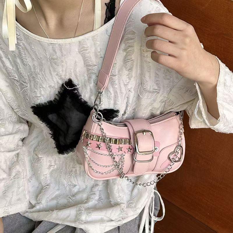 Y2K Sweet Cool Women's Underarm Bag Hot Girls Pink Shoulder Bags Messenger Bag Retro Design Female Chain Purse Armpit Handbags