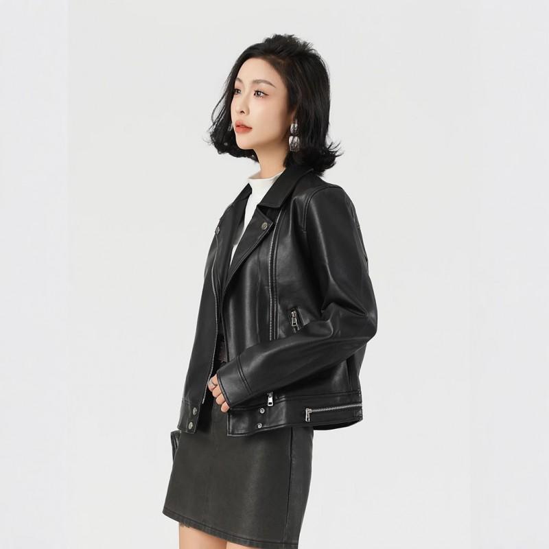 Womens Short PU Leather Jacket With Notched Lapel Slim Fit Biker Style Office Casual Wear