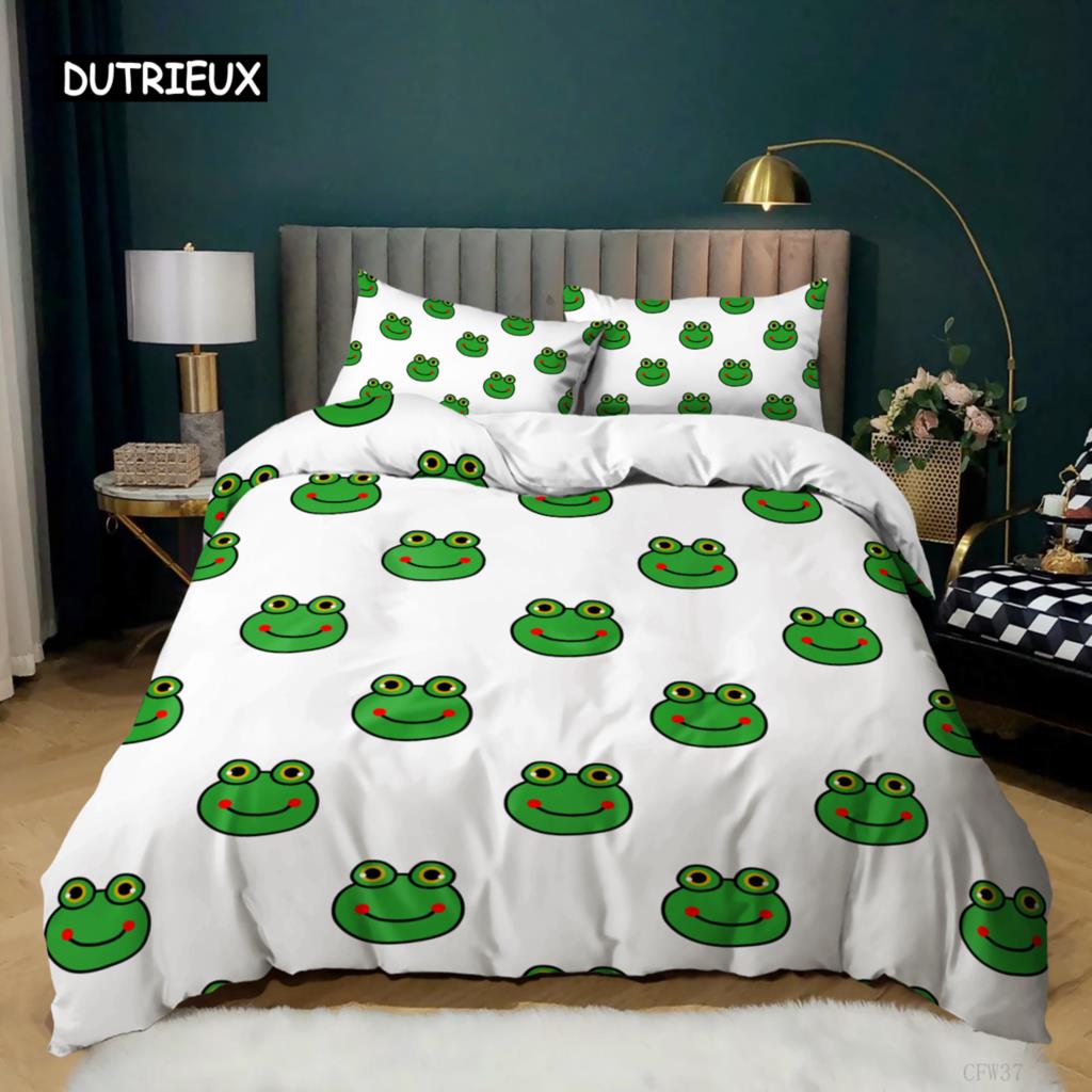 Cartoon Frog Duvet Cover Set Light Green Cartoon Frogs Cute Dragonfly Animal Bedding Set for Kid Twin Size Polyester Quilt Cover