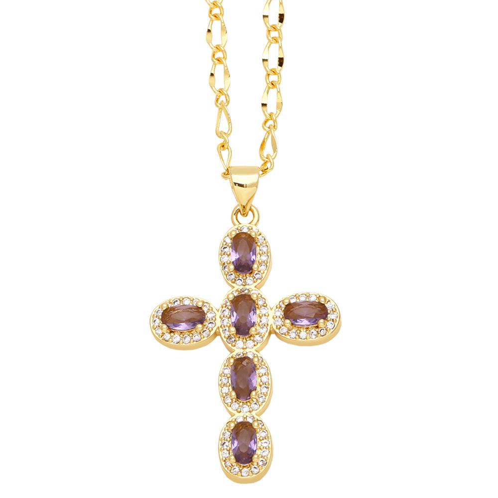 Fashion Personality 1 Piece Necklace Elegant Women's Micro Inlaid Colorful Round Zircon Cross Necklace