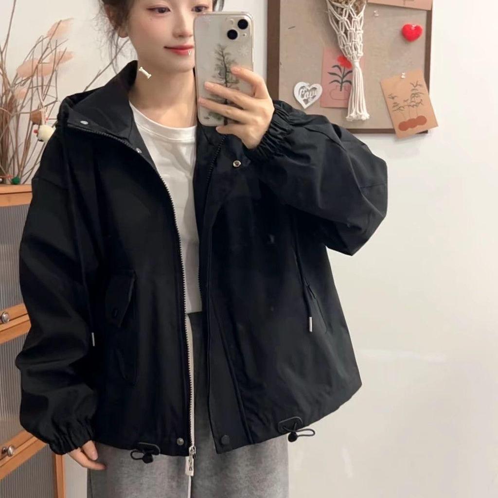 2025 Spring-Autumn Hooded Petite Windbreaker Jacket - Loose, Versatile, and Stylish Workwear Top