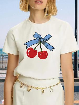 Women's Plus Size T-Shirt Original Design Fashion Bowknot Cherry Pattern Printed Women's Casual Round Neck Short Sleeved Tops