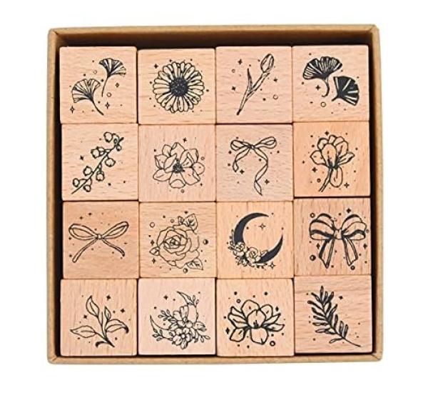 MissOrange Wooden Rubber Stamp Creative Stamp Set for Craft and Set, Moon, Flower, Leaf, Bowknot, Cards, Scrapbooking, Planners, 16-Piece Set, M-26