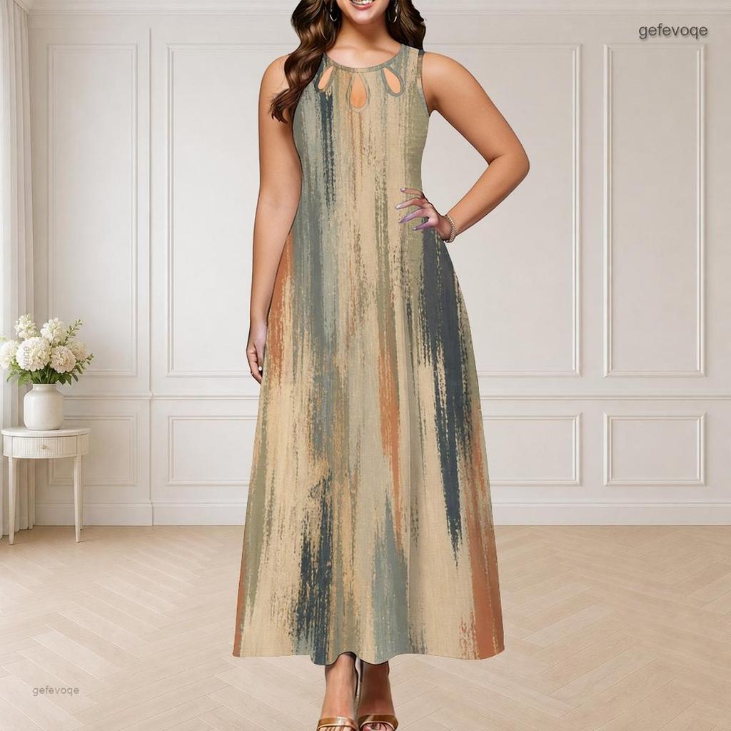 Women Plus Size Round Neck Triple Keyhole Sleeveless Printed Long Maxi Dress