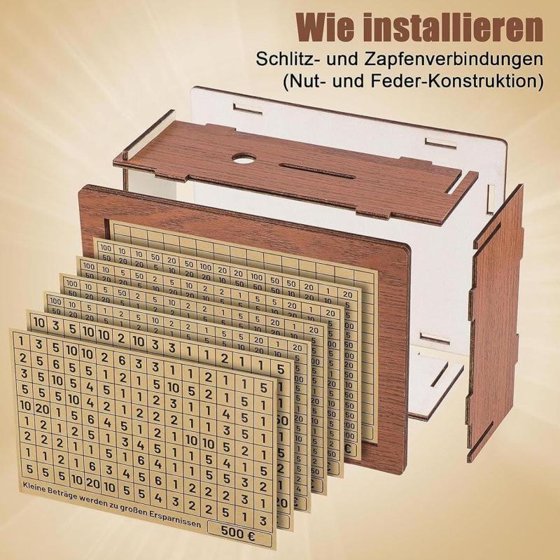 Creative Wooden DIY Piggy Bank with Money Saving Challenge Stickers