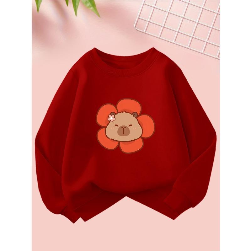 A Stylish Long-Sleeve Round-Neck Sweatshirt for Girls Featuring A Cartoon Flower Bear Print, Suitable for Outdoor Sports and Everyday Indoor Comfort