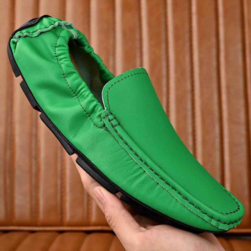 Fashion Genuine Leather Men Loafers Shoes High Quality Moccasins Driving Shoes Green Orange Office Shoes Casual Loafers Big Size 38-49