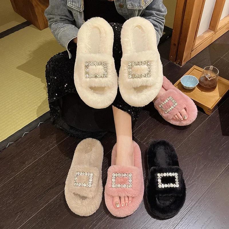 Fashion Women's 2025 Autumn/Winter New Water Diamond Square Buckle Fashionable and Warm Plush Slippers Zapatos De Mujer Plus Size 40