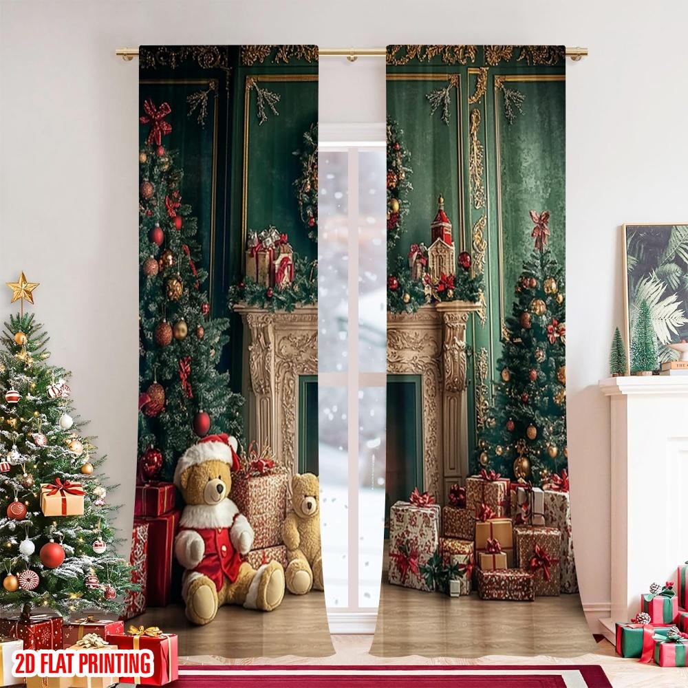 2pcs 2D flat printing High-Quality Christmas Curtains Luxurious retro fireplace and warm walls Digital Printed Polyester Drapes