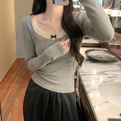 Lace-edged V-neck Base Shirt for Women In Spring, Slim Bow Long-sleeved T-shirt for Women
