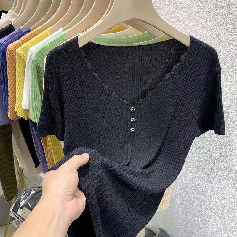 Ice Silk Short Sleeve T-shirt Women's 2025 New Summer Style Slim Short White V-neck Sweater Short-sleeved Top