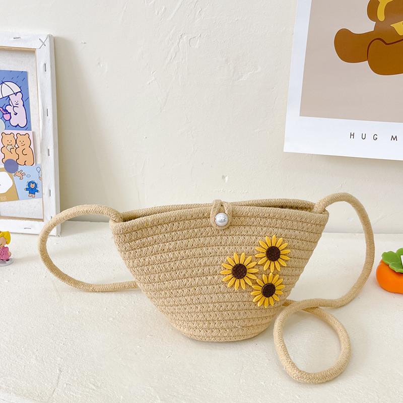 Cute And Modern Children's Woven Tote Bag With Floral Design For Summer Outings