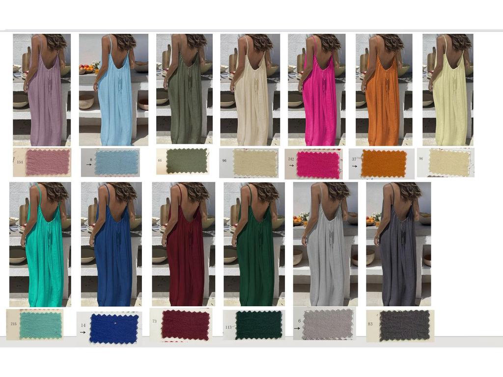 Backless Strappy Long Ice Silk Crinkle Dress - Summer 2026 Solid Color Shirring Beach Vacation Women's Clothing