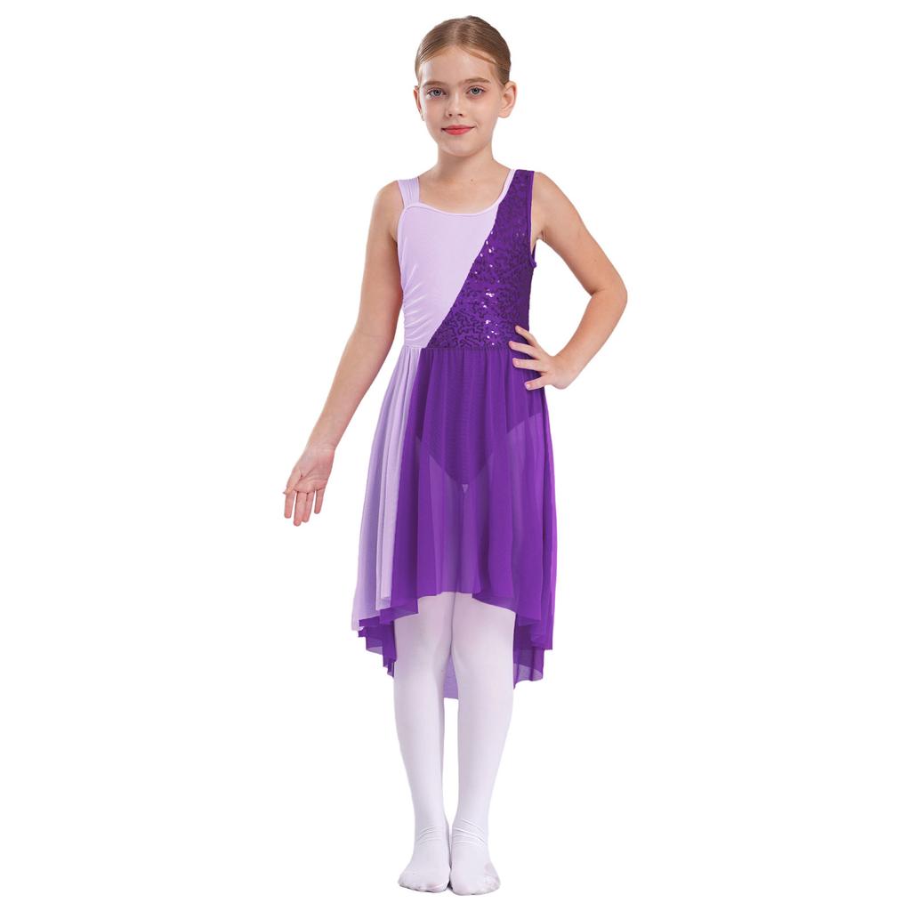 Girls Sparkly Sequin Dress Contrast Color Design Sleeveless Round Neckline Irregular Hem Stage Performance Outfit
