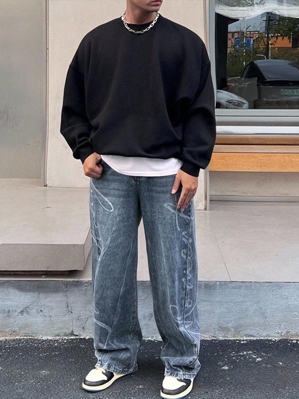 Men's Retro Letter Print Wide Leg Jeans - Artistic High Street Style