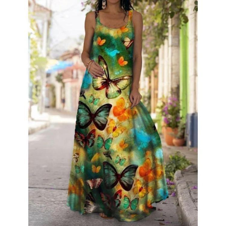 Dámské Boho Letní Maxi Šaty Mimo Rameno Bez Rukávů Volné Kolové V Výstřih Dlouhé Plážové Šaty Větší Velikost Vzdušné Ležérní Šaty S Potiskem