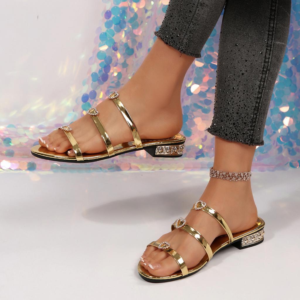 Flat-bottomed slippers summer new large size one-word with rhinestone cool slippers Slippers