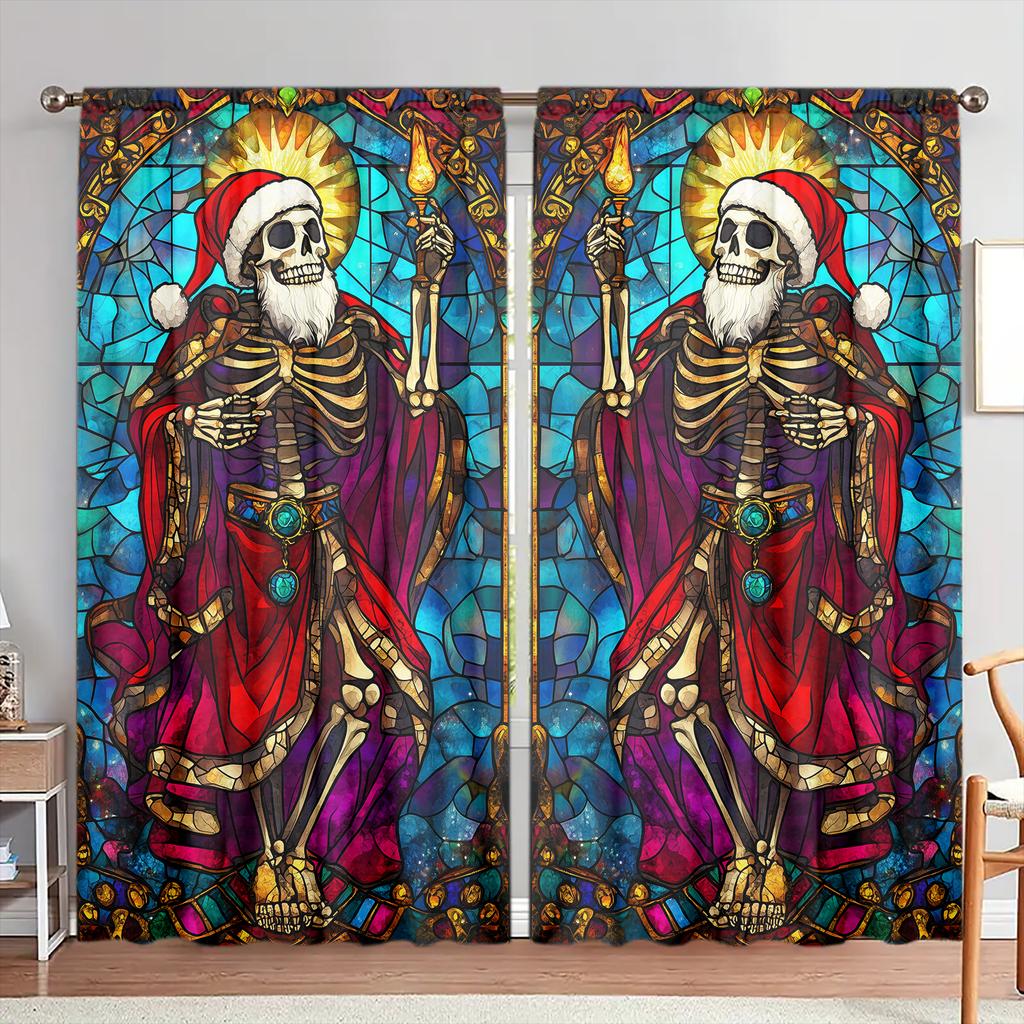2pcs Christmas Skeleton Colored Glass Window Printed Curtain for Home Decor - Rod Pocket Window Treatment for Bedroom, Office