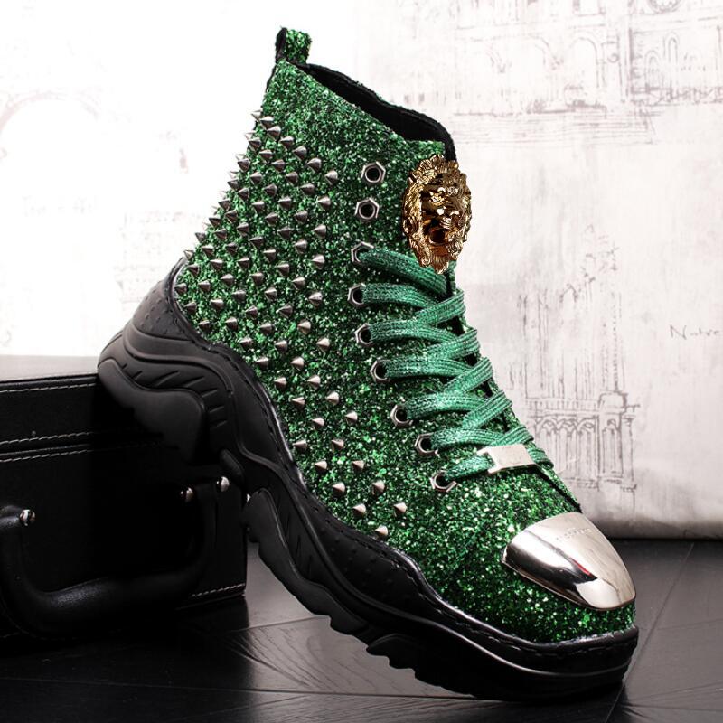 Mode Luxus Nieten Stiefel Designer Sneaker Herren Punk High Tops Gold Rot Leichter Boden Lässiger Plateau Schuh a2