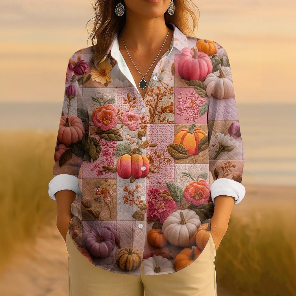 Dámská retro halloweenská potištěná košile s dlouhým rukávem na knoflíky, ležérní top s klasickým límečkem