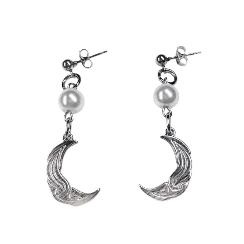 Steel Studs Earrings Featuring Celestials Moon Designs Pearls Accent Ideal For Hip Hop Fashion Styles белый