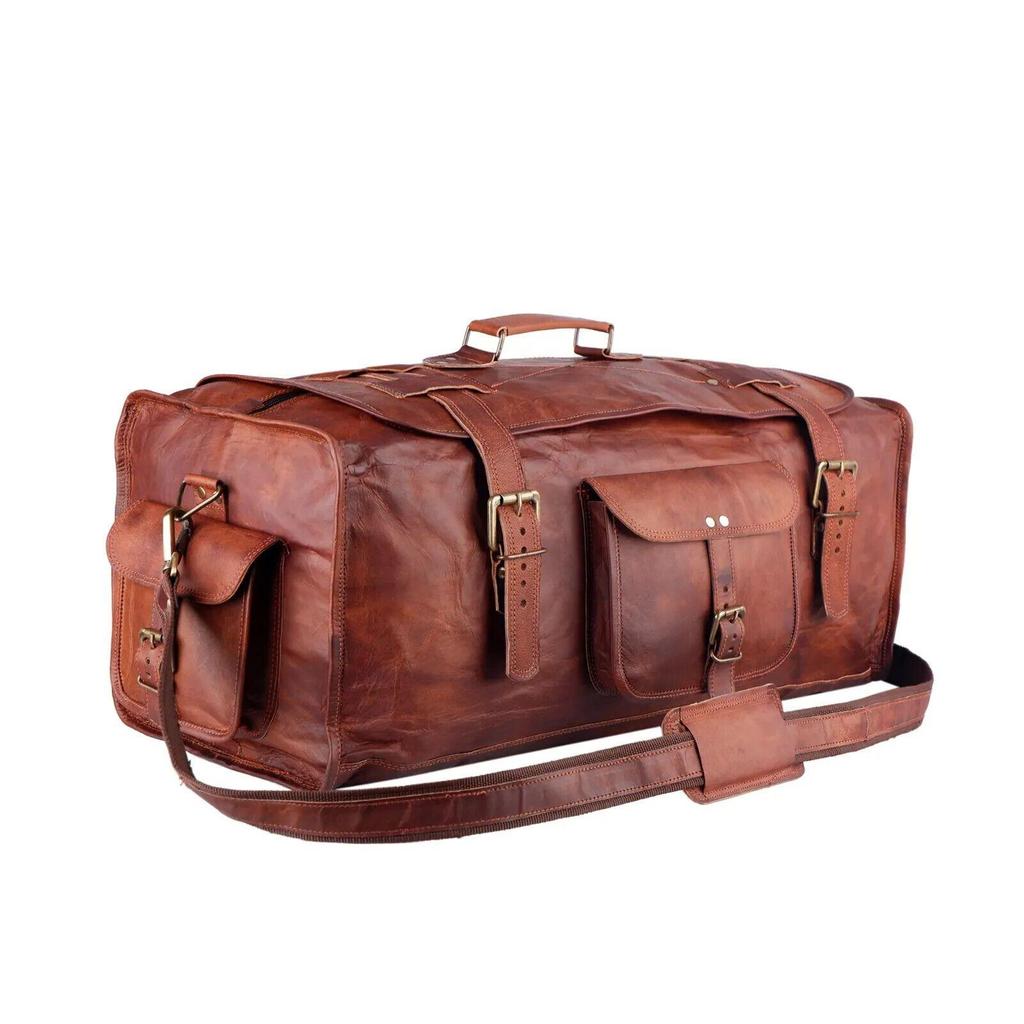 Large Men's Travel Luggage Handmade Vintage Leather Duffel Brown Weekend Gym Bag